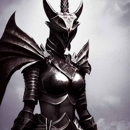 Image similar to stunning cinematic elegant back end shot, of a beautiful female knight, but as an anthropomorphic female dragon, well designed highly detailed cute female dragon head with slick eyes and maw, looking back at the camera, well armored, sharp claws, arms crossed, HD octane render, fantasy, furry art, Artstation, Deviantart, Furaffinity