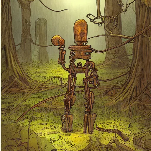 Prompt: illustration of a small and rusty observation droid in a swamp by don bluth, eerie atmosphere, fog, cinematic lighting, pulp adventure comics