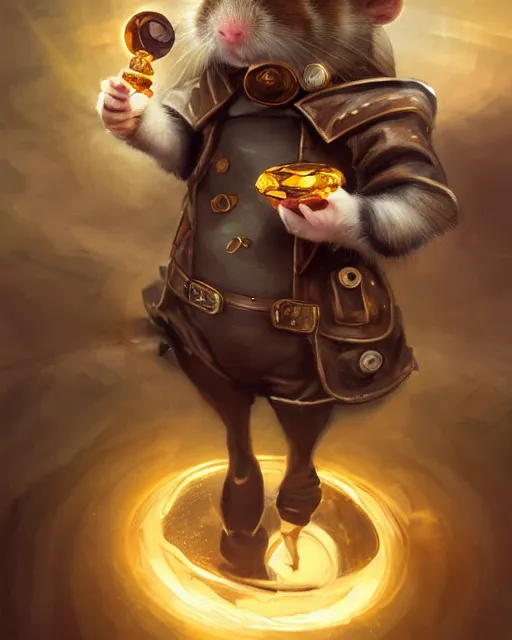 Image similar to oil painting of anthropomorphized hamster holding shiny gem, steampunk clothes, close shot, full body, dark steampunk mine shaft background, sharp focus, fantasy style, octane render, volumetric lighting, 8k high definition, by greg rutkowski, highly detailed, trending on art Station, dungeons and dragons artwork, centered