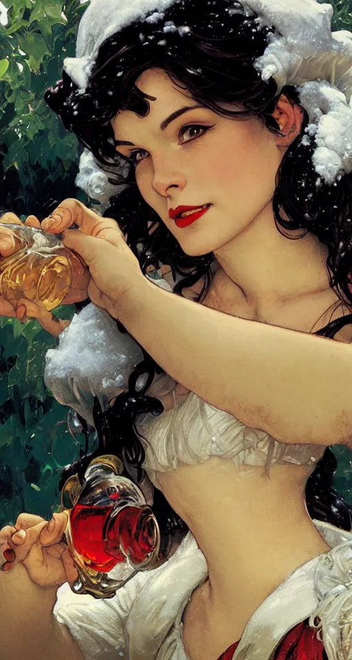 Image similar to close up of snow white pouring a drink, sun shining, photo realistic illustration by greg rutkowski, thomas kindkade, alphonse mucha, loish, norman rockwell.