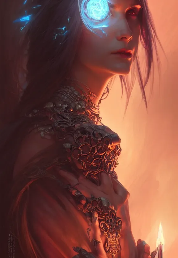 Image similar to Necromancer Sorceress in center, fantasy magic, undercut hairstyle, dark light night, intricate, elegant, sharp focus, illustration, highly detailed, digital painting, concept art, matte, art by WLOP and Artgerm and Greg Rutkowski and Alphonse Mucha, masterpiece