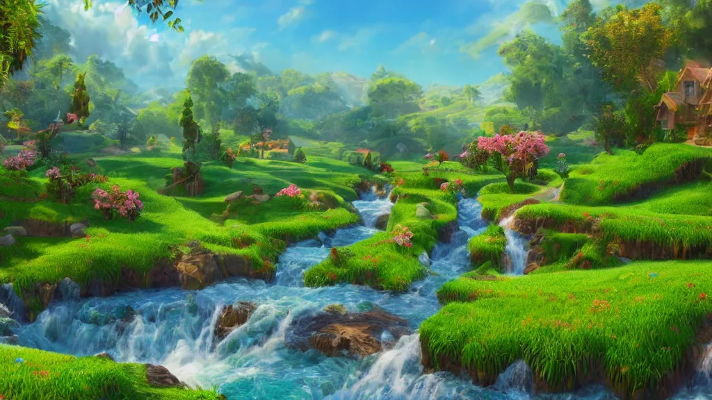 Prompt: ultra detailed and realistic painting of paradise, with rivers of milk, fruit trees, inspired by very beautiful cute and colored disney movie backgrounds, rendered in 8 k unreal engine