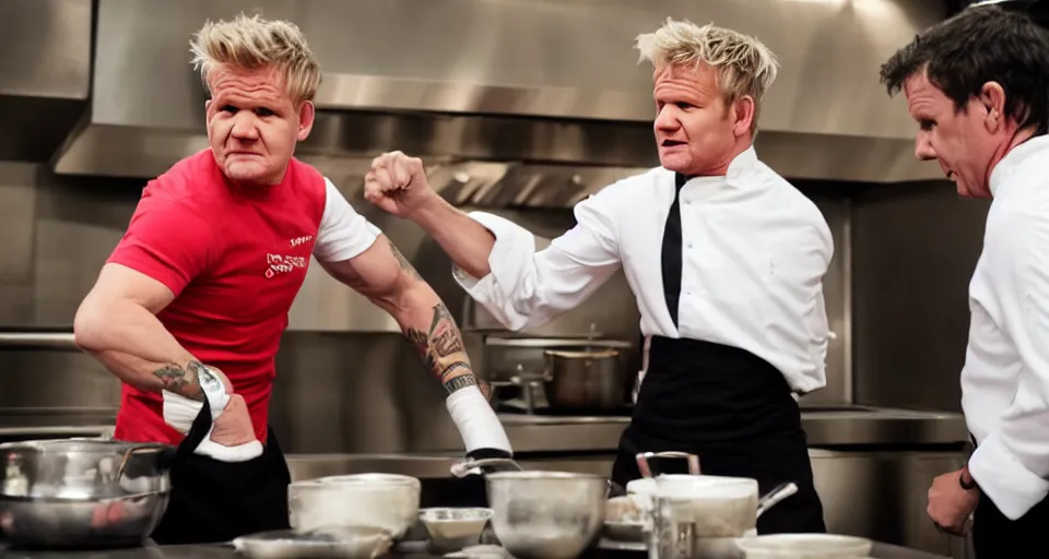 Image similar to photo of angry furious Gordon Ramsay punching Gordon Ramsay at the kitchen