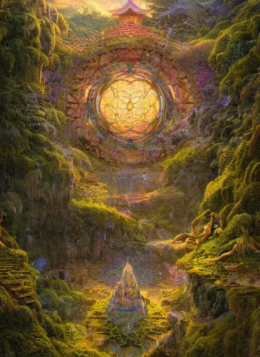 Prompt: visions of a gorgeous landscape of utopian nature surrounding shangri la with vedic architecture and precise details by alex grey, and greg rutkowski, filled with nature gods and dreamcatcher portals, hdr, 3 d, photorealism, mandelbulb 3 d, volumetric lighting, octane render.