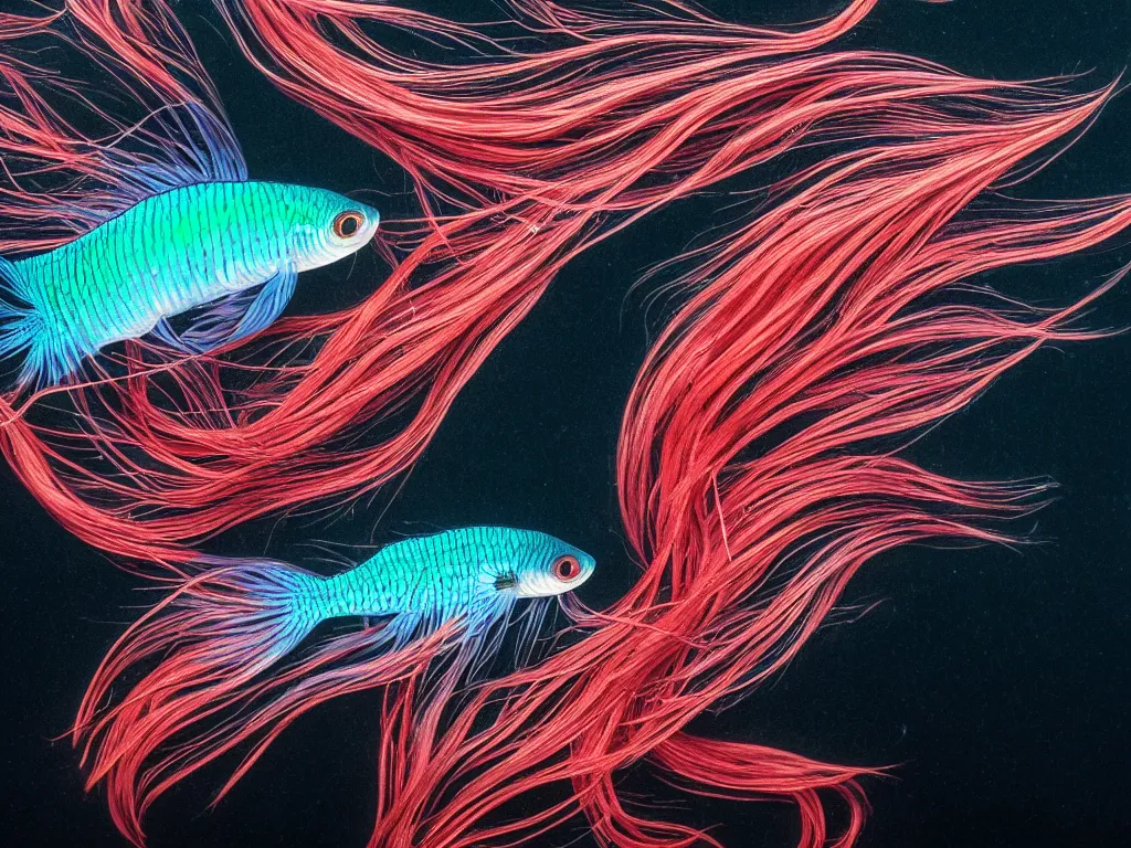 Prompt: a beautiful richly colored beta fish with long flowy scales on a black background surrounded by black water, full subject in view, epic scale ultrawide angle, hyperdetailed