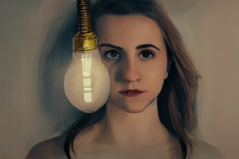 Image similar to a cinematic painting of a lightbulb with emma watsons face in it