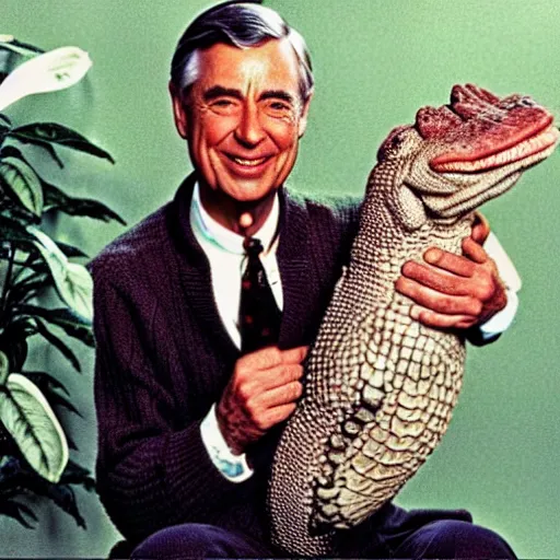 Prompt: mr. rogers proudly displaying a skinned alligator. 1 9 7 0 s color photo.