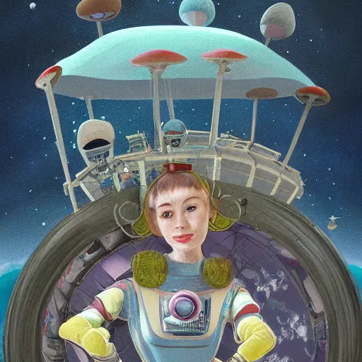 Prompt: On the morning of the robot queen's coronation, The Mekanik Doll, an elderly mushroom walking their pet snail, Mount Fuji seen from the International Space Station, the theme of Alice in Wonderland, digital painting, its softness partakes of fluidity, illustration, deep dark, artstation, intricate, beautiful and thematically complex, ue5, by deiv calviz and bossmonsterbani