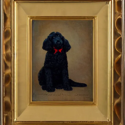 Image similar to Black Goldendoodle with a bright face wearing a Napoleon Era Military Uniform looking melancholy, Norman Rockwell style