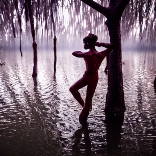 Image similar to a dancer made of wet clay in a mangrove swamp, cinematic light, beautiful dreamy lighting,