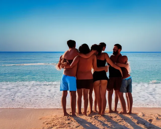 Image similar to family portrait of a group of people hugging each other, standing on top of a sandy beach, a stock photo by demetrios farmakopoulos, shutterstock contest winner, photo taken with canon