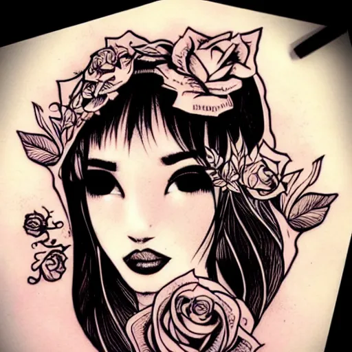 Prompt: tattoo design, stencil, beautiful cleopatra girls face, roses and ivy surrounding by artgerm, artgerm, cat girl, anime