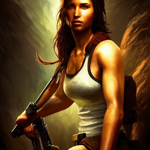 Image similar to Lara Croft portrait, atmospheric lighting, painted, intricate, volumetric lighting, beautiful, rich deep colors masterpiece, golden hour, sharp focus, ultra detailed, by Leesha Hannigan, Ross Tran, Thierry Doizon, Kai Carpenter,Ignacio Fernández Ríos