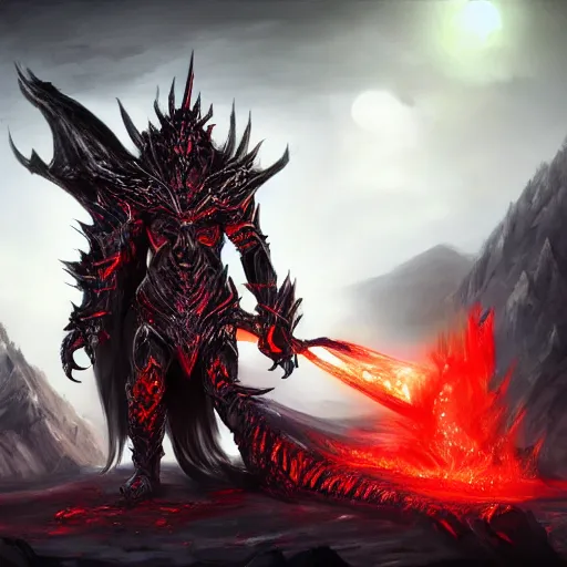 Image similar to dark fantasy concept of a vampire dragon god, with dark matter and molten armor on a mountain, cinematic, dynamic lighting, photorealistic, ultra detailed, trending on art station, stunning visuals, creative, hyper detailed