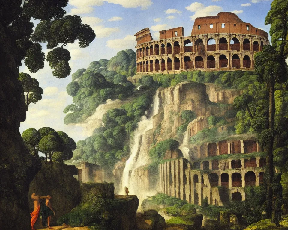 Image similar to an achingly beautiful print of the Colosseum in a jungle clearing with a waterfall in the distance by Raphael, Hopper, and Rene Magritte. detailed, romantic, enchanting, trending on artstation.