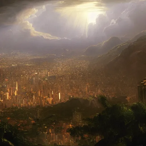 Image similar to bogota city, painted by thomas cole, with dramatic lighting, concept art, matte painting, 8 k, highly detailed, artstation