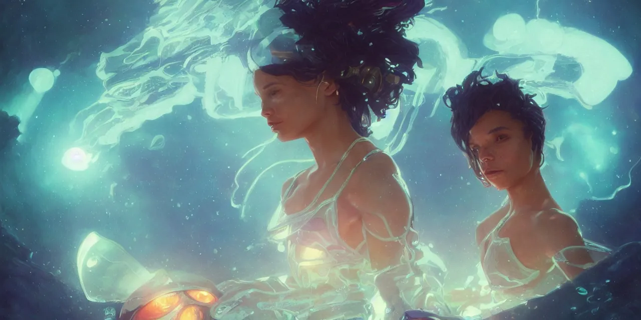 Image similar to dreamgirl zoe kravitz astronaut, underwater in the ocean at night, atmospheric, volumetric lighting, glowing lights, 4k, octane, digital painting, artstation, concept art, sharp focus, illustration, art by artgerm and greg rutkowski and alphonse mucha