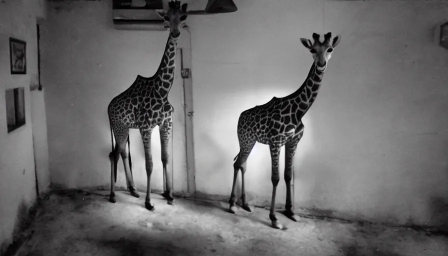 Image similar to a girafe in a stalinist style kitchen, mini dv camera found footage, very very low quality picture, heavy grain, caught on security camera, heavy jpeg artifact, night vision very blurry, caught on trail cam, 1 4 4 p, ultra wide lens