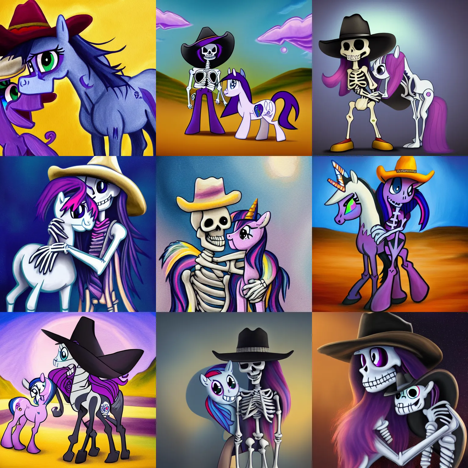 Prompt: a cartoon skeleton in a cowboy hat hugging a pony ( twilight sparkle ) from my little pony. painting. trending. cinematic. epic. highly detailed. 8 k