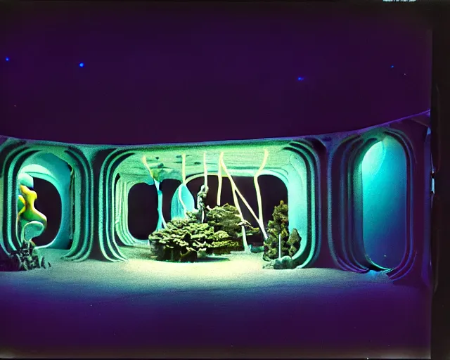 Image similar to low angle shot of a space port at night, aquatic plants, coral, shabby chic, cinematography by Jim Jarmusch, composition by Neo Rauch, in the style of Nan Goldin, set design by Antonin Gaudí, 35mm, graflex, color film photography