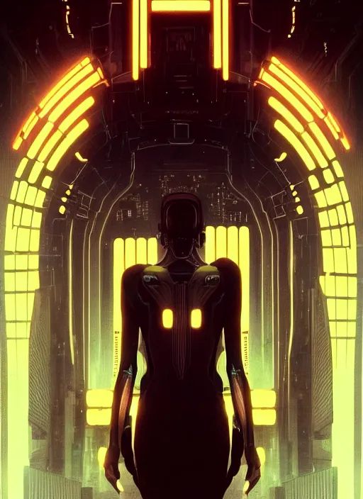 Image similar to symmetry!! film still establishing shot of the technological singularity, sci - fi -, cyberpunk, blade runner, glowing lights, tech, biotech, techwear!! intricate, elegant, highly detailed, digital painting, artstation, concept art, smooth, sharp focus, blur, short focal length, illustration, art by artgerm and greg rutkowski and alphonse mucha