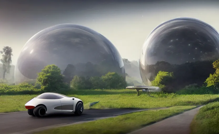 Image similar to a spherical car driving down the road, t - rex and humans dancing, smoky, green hills, many interstellar plants, futuristic concept design, airy landscape, high detail rendering by octane, unreal engine, 8 k, cinematic grade.