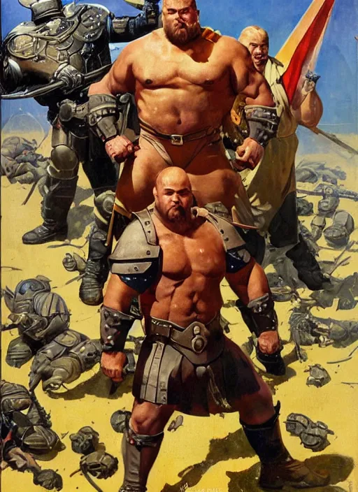 Image similar to full body and head portrait of Hafþór Júlíus Björnsson in science fiction combat armour battling tiny soldiers, dynamic action, painted by norman rockwell and phil hale and greg staples and tom lovell and frank schoonover and jack kirby