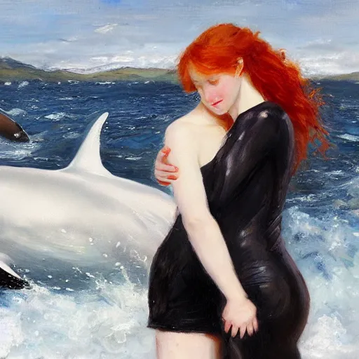 Image similar to a portrait of a red headed young woman hugging an orca whale in a scenic environment by Gerhartz, Daniel F.