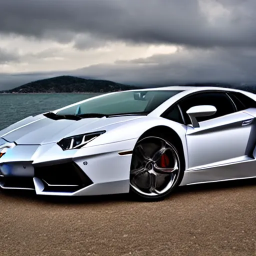 Image similar to A beautiful silver Lamborghini aventador on the beach, 8k, beautiful reflection