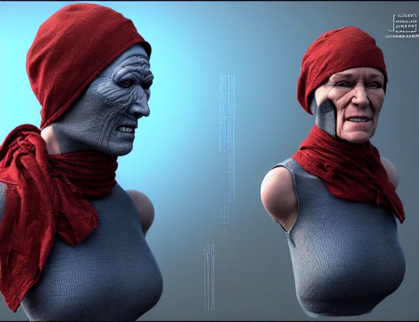 Prompt: cinematic bust portrait of robo! - cyborg!! granny, a scarf tied on the head, by jean giraud, trending artstaition, 3 d, unreal engine
