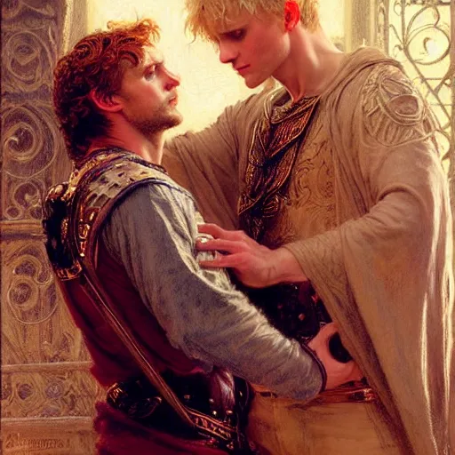 Image similar to stunning arthur pendragon in love with stunning male merlin the mage. they are close to each other, touching, looking. highly detailed painting by gaston bussiere, craig mullins, j. c. leyendecker