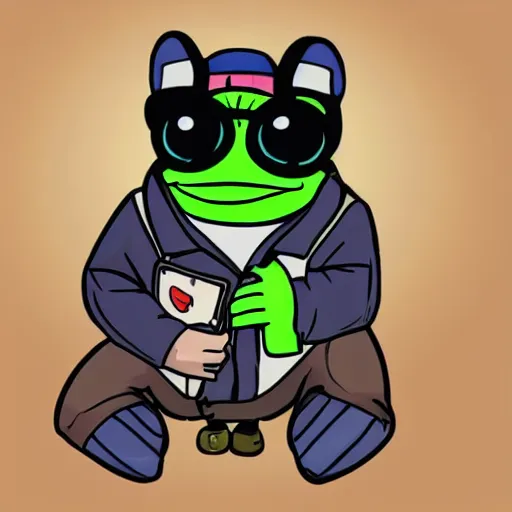 Image similar to pepe the frog head from 4chan on the body of a cartoon dog wearing a leather jacket and jeans