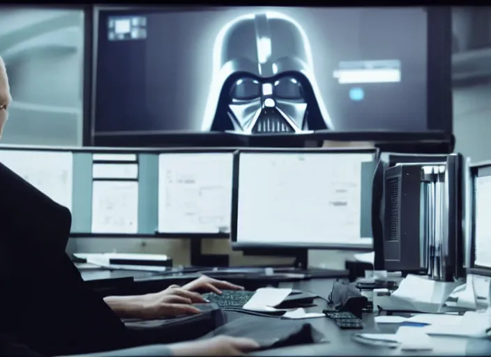 Image similar to film still of Darth Vader working in and office at a computer bored in the new Star Wars movie, 4k