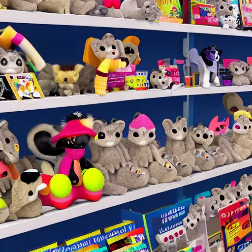 Image similar to some possum toys on the shelf of a toy shop, digital art