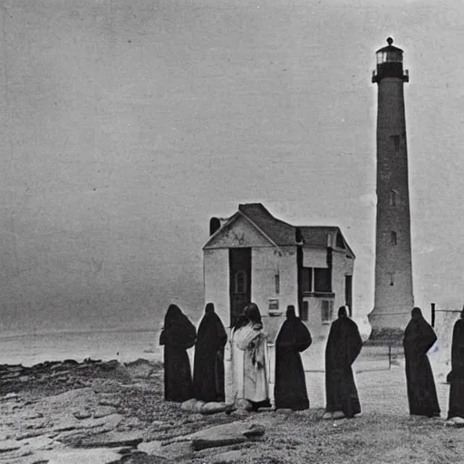 Image similar to worshippers dressed in robes belonging to the cult of the lighthouse. Dilapidated 1800s lighthouse. 1800s photo.