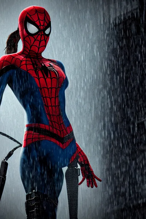 Prompt: cinematic!!!! of lara croft as spiderman!!!!!!, dramatic rain, 8 k, moody lighting