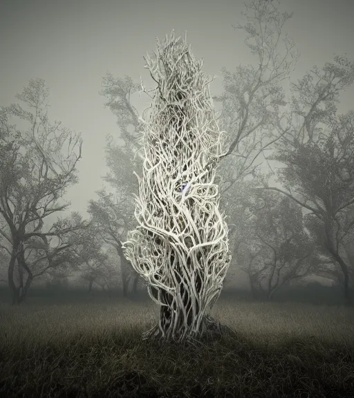 Image similar to surreal white tree made of snakes, ancient in the desert, foggy sky, dark night, octane render, unreal engine, pale colors, high detail, 8 k, wide angle, trending on artstation, behance