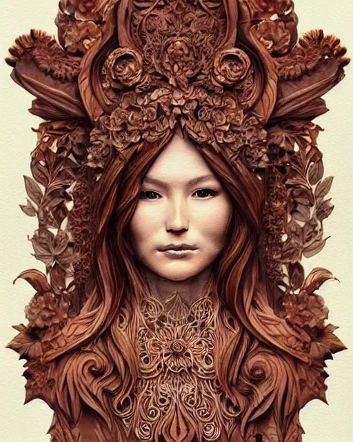 Prompt: watercolor portrait of a nature priestess, carved mahogany floral explosion, intricate carvings, artgerm, artstation