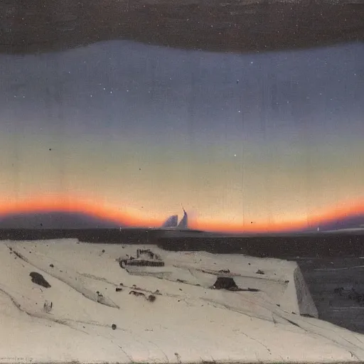 Image similar to the epic abstract painting'blue arctic void with black and red aurora borealis above a tiny inuit village ', by caspar david friedrich!!!, by rothko!!!, stunning masterpiece, trending on artstation