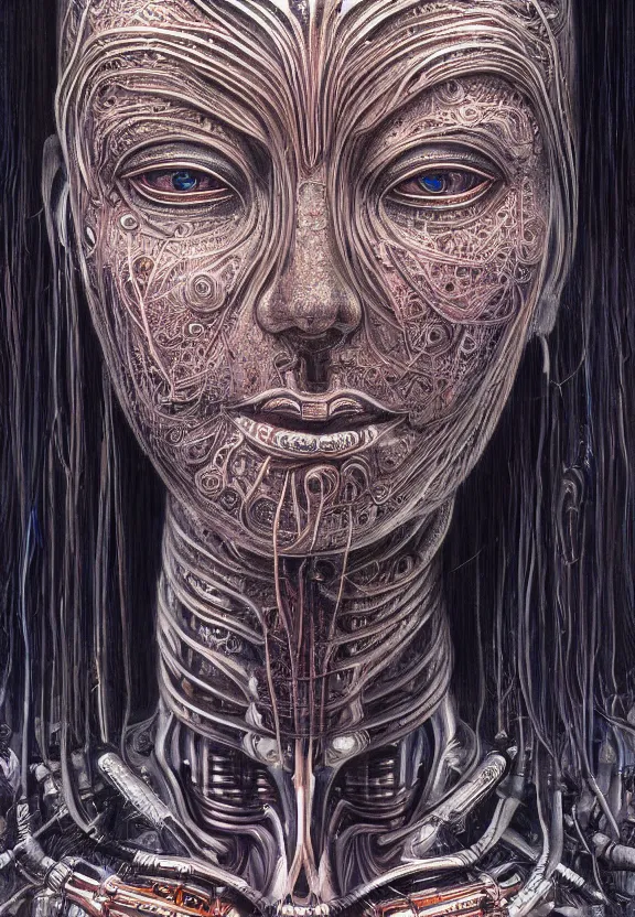 Image similar to perfectly centered portrait, front view of a beautiful biomechanical cyberpunk alien android robot buddha, female, flowing hair, intense stare, sarcastic smile, symmetrical, concept art, intricate detail, volumetric shadows and lighting, realistic oil painting by alex grey and h. r giger,