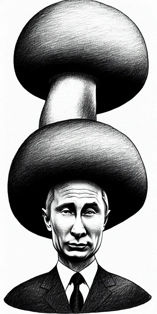 Image similar to vladimir putin with a nuclear mushroom cloud hat, cartoonish, ultra detailed pencil drawing