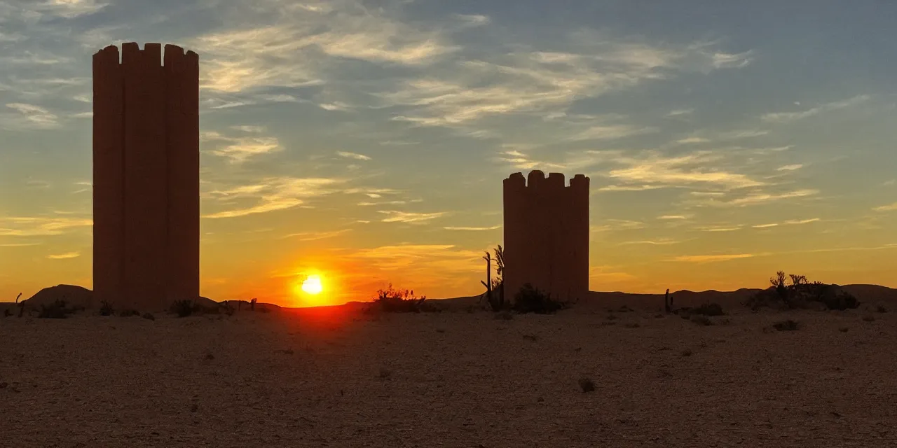 Image similar to sunset on a desert, eldritch tower in the middle distance, green tinged sky with a red sun