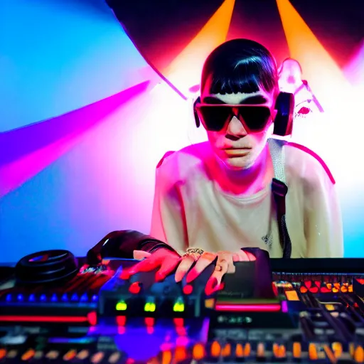 Image similar to grimes on stage djing, volumetric neon lights in the background, gleaming, 3 5 mm photography, portrait!!!!!!, trending on artstation, 4 k, 8 k, zbrush, mannerism