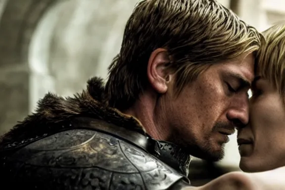 Image similar to very very intricate photorealistic photo of jaime lannister killing cersei, photo is in focus with detailed atmospheric lighting, award - winning details