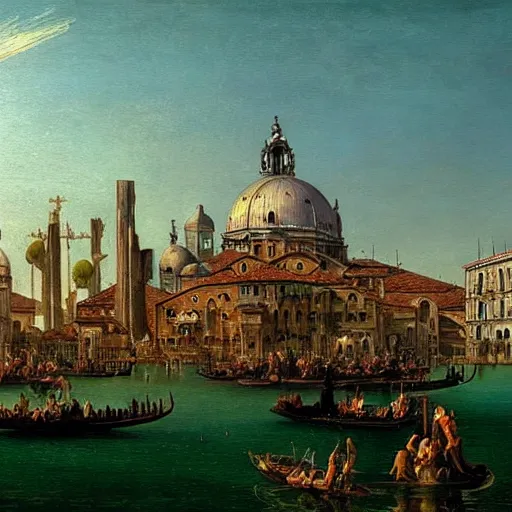 Prompt: beautiful painting of dieselpunk venice with decaying religious monuments alongside mechanical venetian automas in the style of Caspar David Friedrich