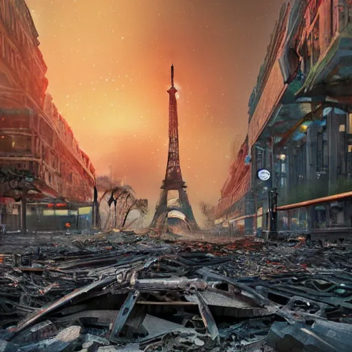 Image similar to A beautiful intricate 8K award-winning ground-level cinematic movie photograph of the future rusting rubble of the fallen and decimated Eiffel Tower, lying in pieces on the ground, surrounded by neon and collapsing corporate video billboard displays. in the year 2050, by Bruno Delbonnel and greg rutkowski. octane render, Arri Alexa 65. Cinematic lighting