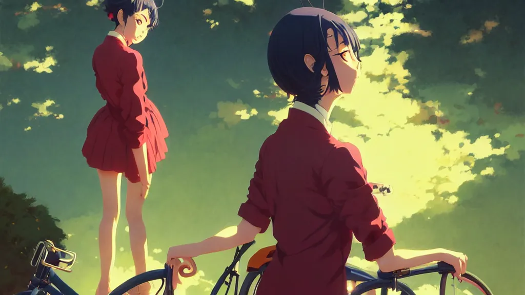 Image similar to anime noon scene, high detail concept art, perfect proportions fine face, girl with vintage bike, avant designer uniform, vivid colors, realistic shaded lighting poster fantasy art ilya kuvshinov, sakimi, jeremy lipking and michael germash, makoto shinkai, loish and clamp style, best selling artist