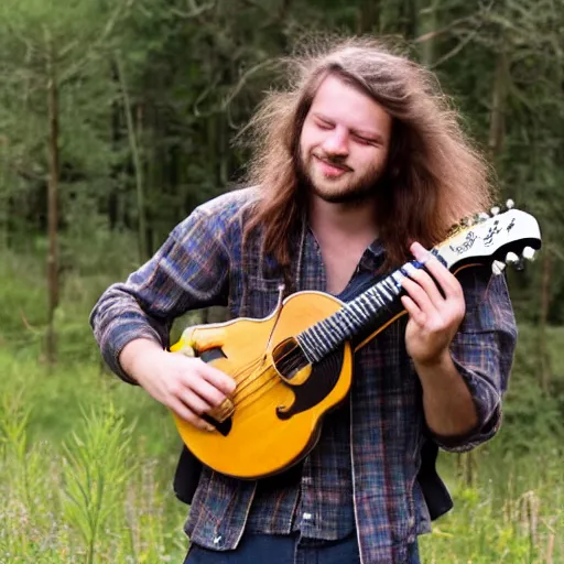 Image similar to a photo of a young man with long hair playing mandolin in the wilderness