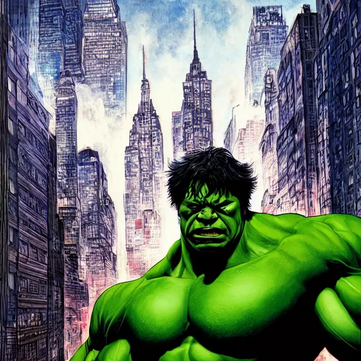 Image similar to a portrait of the incredible hulk looking angry in new york city by james jean and brian despain dramatic lighting.