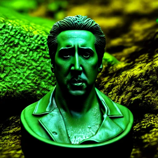 Prompt: Nicolas Cage underwater mossy statue, green moss all over, bottom of the ocean, deep ocean, bottom of ocean, dark, 35mm, fish, 4k, detailed, photorealistic, photo, unreal engine 5, Atlantis